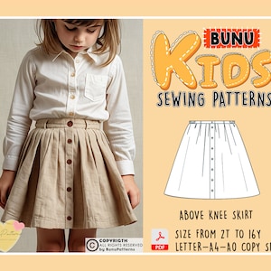May include: A sewing pattern for an above-knee skirt for children. The pattern is available in sizes 2T to 16Y and is printed on A4 paper. The pattern is for a skirt with a button fastening and pleats. The pattern is available in a PDF format and can be downloaded from the Bunu Kids Sewing Patterns shop.