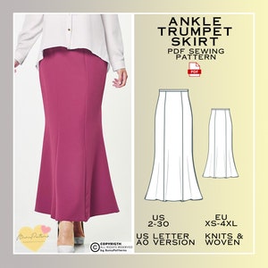 Trumpet Skirt Sewing Pattern, Ankle Length PDF Sewing Pattern Instant Download, Skirt Easy Digital Pdf, Ladies Sizes 2-30, Plus Size Pattern
