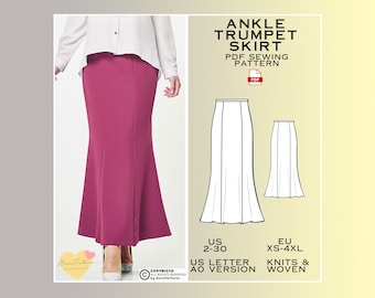 Trumpet Skirt Sewing Pattern, Ankle Length PDF Sewing Pattern Instant Download, Skirt Easy Digital Pdf, Ladies Sizes 2-30, Plus Size Pattern