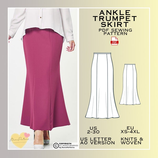 Trumpet Skirt Sewing Pattern, Ankle Length PDF Sewing Pattern Instant Download, Skirt Easy Digital Pdf, Ladies Sizes 2-30, Plus Size Pattern