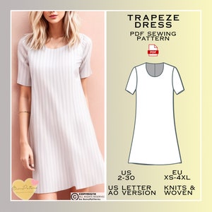 Trapeze Dress Sewing Pattern, Everyday Dress, Dress PDF Sewing Patterns, Summer Dresses, US Sizes 2-30 Plus Size, Eu Xs-S-M-L-Xl-2Xl-3Xl-4Xl zdjęcie 1