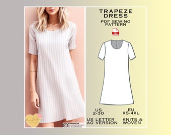 Trapeze Dress Sewing Pattern, Everyday Dress, Dress PDF Sewing Patterns, Summer Dresses, US Sizes 2-30 Plus Size, Eu Xs-S-M-L-Xl-2Xl-3Xl-4Xl