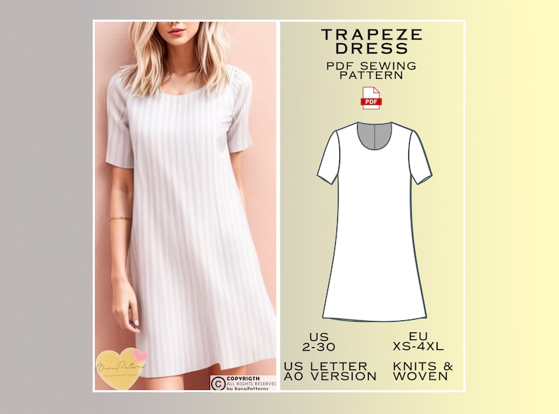 Trapeze Dress Sewing Pattern, Everyday Dress, Dress PDF Sewing Patterns, Summer Dresses, US Sizes 2-30 Plus Size, Eu Xs-S-M-L-Xl-2Xl-3Xl-4Xl zdjęcie 1