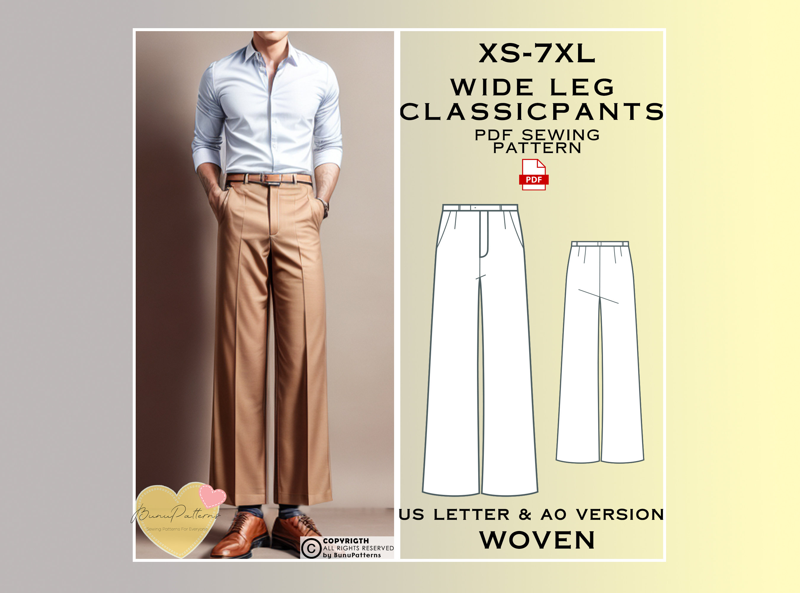 Men Wide Leg Classic Pants Sewing Pattern, Pants Trousers PDF Sewing,  Instant Download, Man Sewing Patterns, Xs-7xl, Plus Size Pattern 