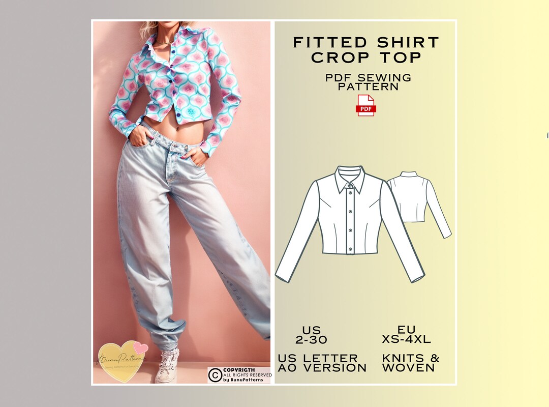 Fitted Crop Top Sewing Pattern, Shirt Collar PDF Sewing Pattern Instant ...