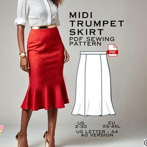 Trumpet Skirt Midi Sewing Pattern: Plus Size PDF (US 2-30)