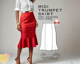 Puede incluir: Un patrón de costura PDF para una falda midi trompeta. El patrón está disponible en las tallas US 2-30 y EU XS-4XL. El patrón se imprime en papel tamaño US Letter y es una versión A0.