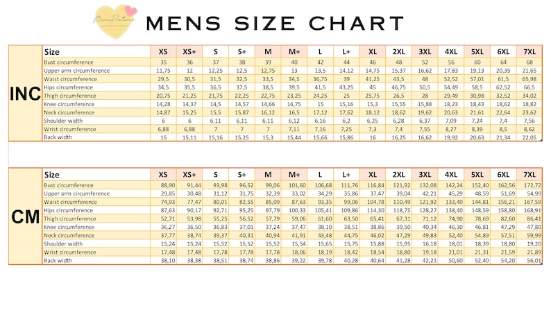 May include: A size chart for men's clothing, with measurements in inches and centimeters. The chart includes bust, arm, waist, hip, thigh, knee, neck, shoulder, wrist, and back measurements, with sizes ranging from XS to 7XL.