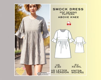 Smock Dress Sewing Pattern, PDF Sewing Pattern, Above Knee Dress, US Sizes 2-30, Plus Size Pattern, Cozy Dress Pattern, Short Sleeve Dress