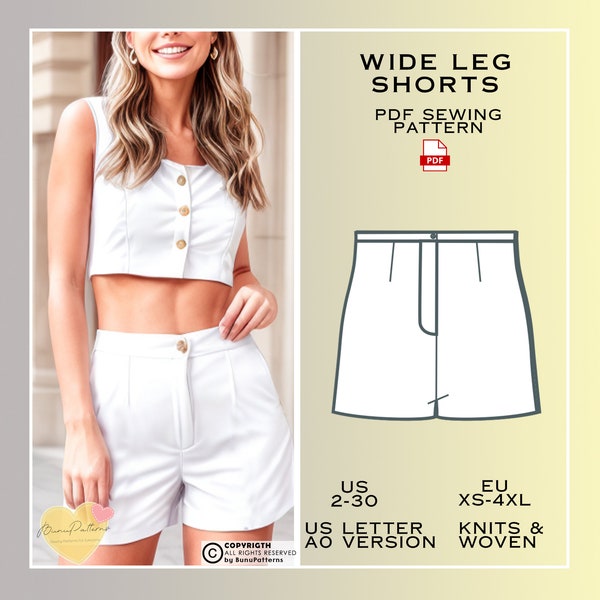 Wide Leg Shorts Sewing Pattern, Casual Shorts PDF Sewing Pattern Instant Download, Easy Digital Pdf, Ladies Sizes 2-30, Plus Size Pattern