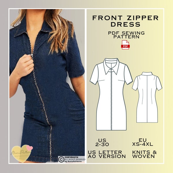 Front Zipper Dress Sewing Pattern, Straigth Dress PDF Sewing Pattern, Short Sleeve Shirt Collar Dress, US 2-30, Eu Xs-4xl Plus Size Pattern