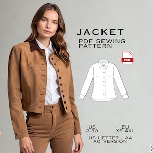 Puede incluir: Un patrón de costura PDF para una chaqueta. El patrón incluye las tallas US 2-30 y EU XS-4XL. El patrón está disponible en tamaños US Letter y A4. La imagen muestra a una mujer con una chaqueta de gamuza marrón y una camisa blanca debajo.