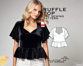 Flared Sleeve Blouse Sewing Pattern: Sweetheart Neck Top (PDF Pattern)