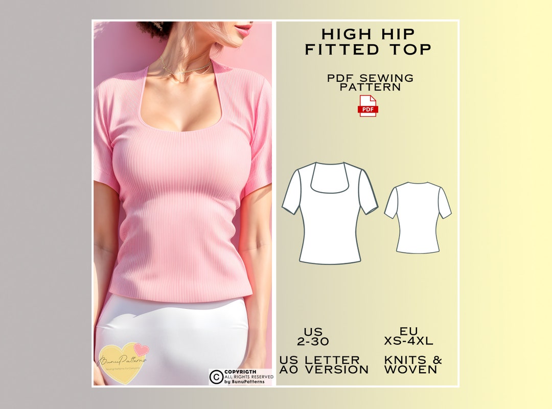 Fitted Top Sewing Pattern, Short Sleeve Curved Square Neck Shirt PDF ...