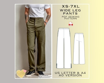 Herren Palazzohose mit weitem Bein Schnittmuster: Größe XS-7XL (PDF-Muster)