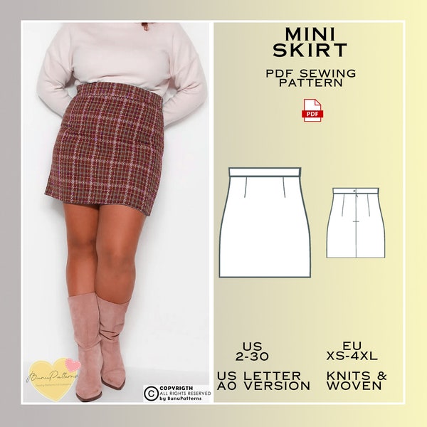 Mini Skirt Sewing Pattern, Above Knee Skirt PDF Sewing Pattern Instant Download, US 2-30 Eu Xs-4xl Plus Size, Straight Skirt Pattern