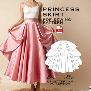 May include: A woman modelling a light pink princess skirt, part of a PDF sewing pattern. The skirt has a layered design and is paired with a white top. The image includes a line drawing of the skirt and text that says "PRINCESS SKIRT PDF SEWING PATTERN".