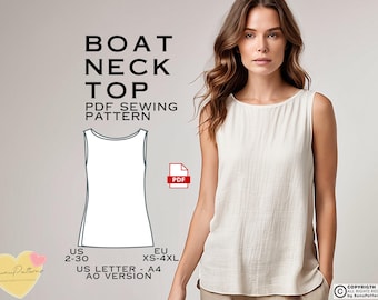 Boat Neck Blouse Sewing Pattern: US Size 2-30 (PDF Download)