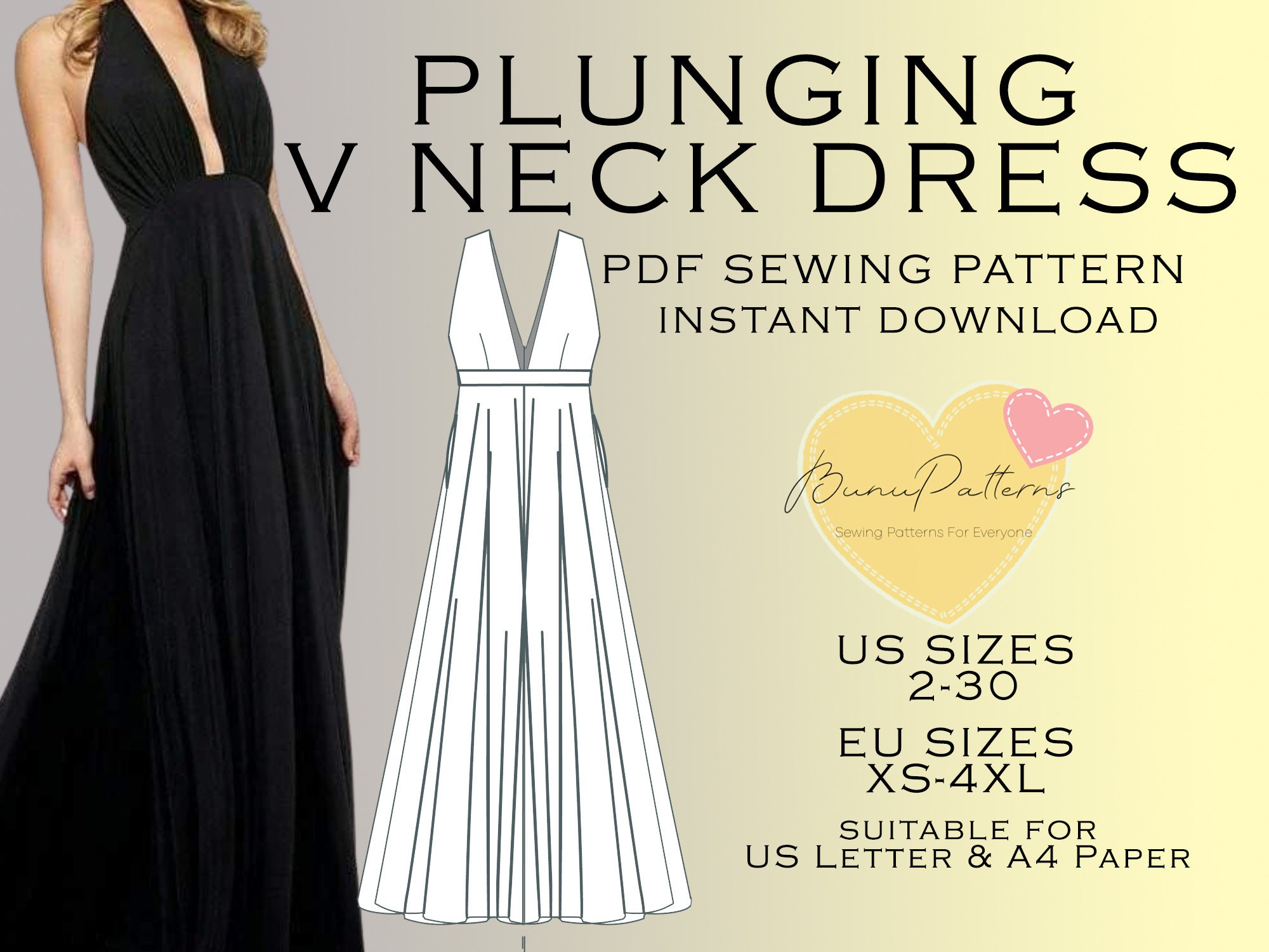 Plunging V Neck Dress Sewing Pattern Prom Dress PDF Sewing Etsy Australia