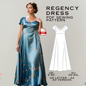 Può includere: Un cartamodello digitale per un abito in stile Regency. Il cartamodello è disponibile nelle taglie US 2-30 e EU XS-4XL. Il cartamodello è disponibile nei formati US Letter e A4.