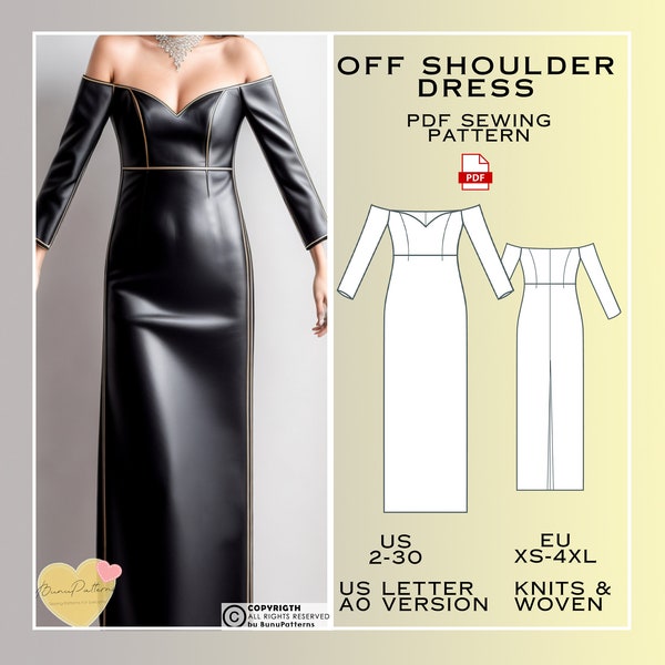 Off Shoulder Straight Dress Sewing Pattern, Prom Dress PDF Sewing Pattern Instant Download, Bridesmaid Dress, US 2-30 Eu XS-4xl, Plus Size