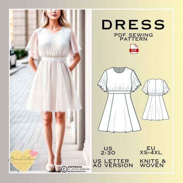 Full Panel Dress Sewing Pattern, Above Knee Dress PDF Sewing Pattern Instant Download, Easy Digital Pdf, US Sizes 2-30, Plus Size Pattern