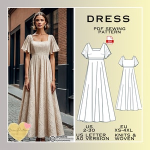 Long Dress Sewing Pattern, Cottagecore Dress PDF Sewing Pattern Instant Download, Bridesmaid Dress, US Sizes 2-30 Plus Size, Vintage Dress
