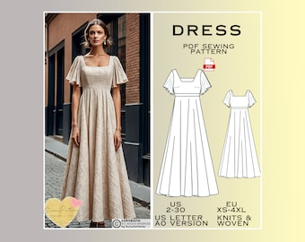 Long Dress Sewing Pattern, Cottagecore Dress PDF Sewing Pattern Instant Download, Bridesmaid Dress, US Sizes 2-30 Plus Size, Vintage Dress