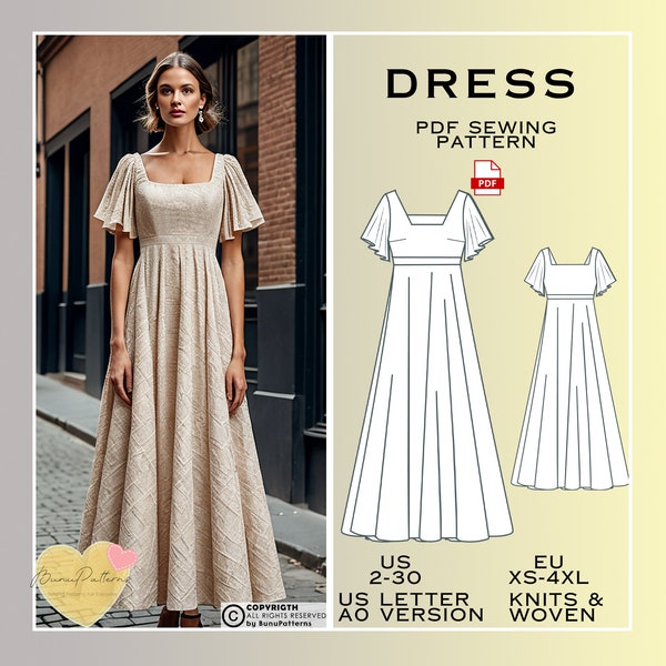 Langes Kleid Schnittmuster, Cottagecore Kleid PDF Schnittmuster, Brautjungfer Kleid, Brautjungfer Kleid, US-Größen 2-30 Plus Größe, Vintage Kleid