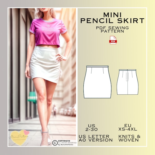 Mini Pencil Skirt Sewing Pattern, PDF Sewing Pattern Instant Download, Skirt Easy Digital Pdf, Ladies Sizes 0-30, Plus Size Pattern