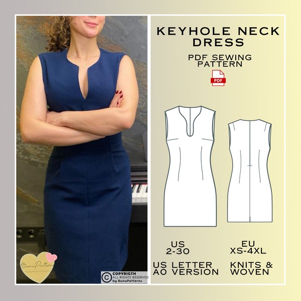 Keyhole Neckline Dress Sewing Pattern, Shift Dress PDF Sewing Pattern Instant Download, Easy Digital Pdf, US Sizes 2-30, Plus Size Pattern