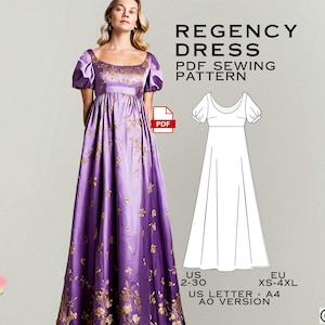 Regency Dress Sewing Pattern, PDF Sewing Pattern, Fantasy Dress Pattern, Easy Digital Pdf, US Sizes 2-30, Plus Size Pattern, Vintage Dresses