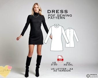 May include: A sewing pattern for a dress. The pattern includes instructions for sizes US 2-30 and EU XS-4XL. The pattern is available in US Letter and A0 sizes.