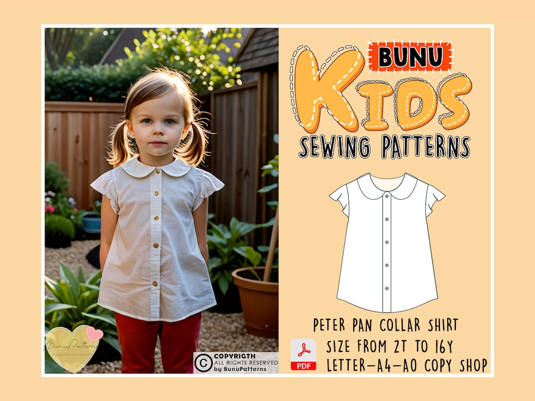 Girl's Peter Pan Collar Shirt Sewing Pattern, Cap Sleeve (PDF Pattern ...