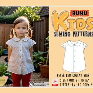 Girl Peter Pan Collar Shirt Sewing Pattern, Cap Sleeve Girl Shirt PDF Sewing Pattern, Kid Sewing Patterns, 2T-16Y Sizes, Instant Download image 1