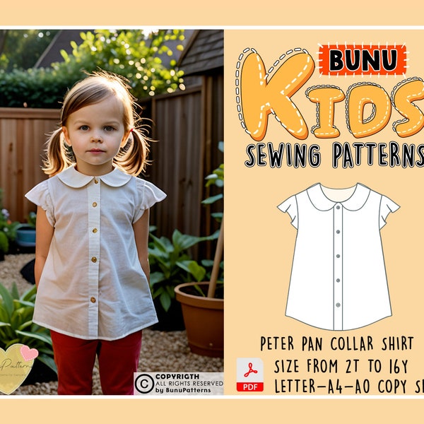 Girl Peter Pan Collar Shirt Sewing Pattern, Cap Sleeve Girl Shirt PDF Sewing Pattern, Kid Sewing Patterns, 2T-16Y Sizes, Instant Download