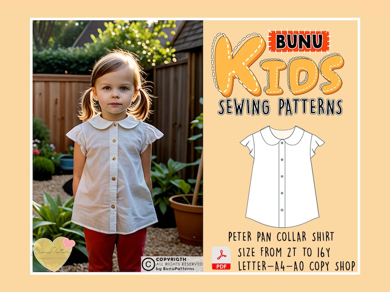 Girl Peter Pan Collar Shirt Sewing Pattern, Cap Sleeve Girl Shirt PDF Sewing Pattern, Kid Sewing Patterns, 2T-16Y Sizes, Instant Download image 1