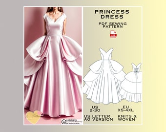 Patron de couture de robe de princesse, robe de mariée PDF, patron de couture de taille US 2-30, patron de robe de bal Mid-Century