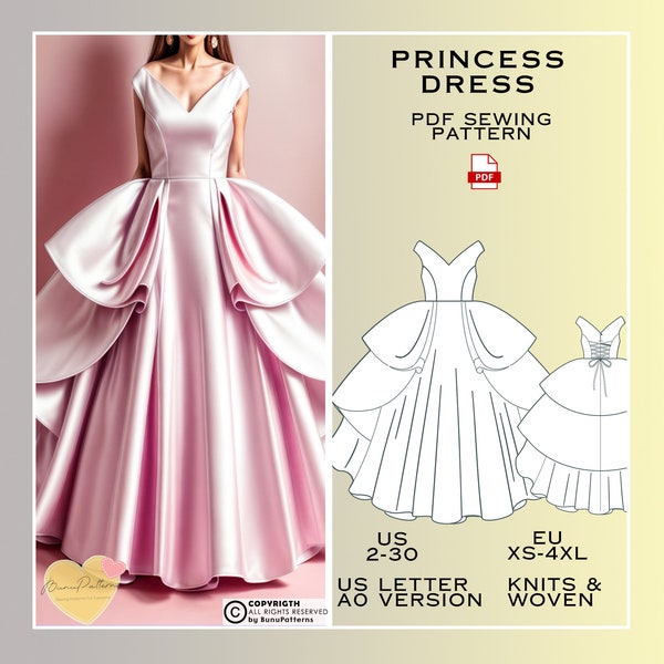 Patron de couture de robe de princesse, robe de mariée PDF patron de couture, US tailles 2-30 plus patron de taille, robe de bal du milieu du siècle patron de couture