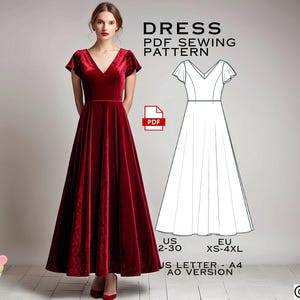 V ネック ドレスの縫製パターン、PDF 縫製パターン、EU XS S M L XL 2XL 3Xl、簡単デジタル PDF、US サイズ 2-30、プラス サイズ パターン、ヴィンテージ ドレス