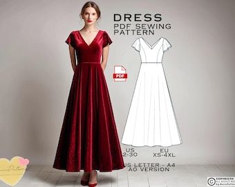 V Neck Dress Sewing Pattern: Vintage Style, US Size 2-30 (PDF Pattern)