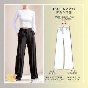 Two Pleats Palazzo Sewing Pattern, Pants Trousers PDF Sewing, Instant Download, Easy Digital Pdf, US Sizes 2-30, Plus Size Pattern