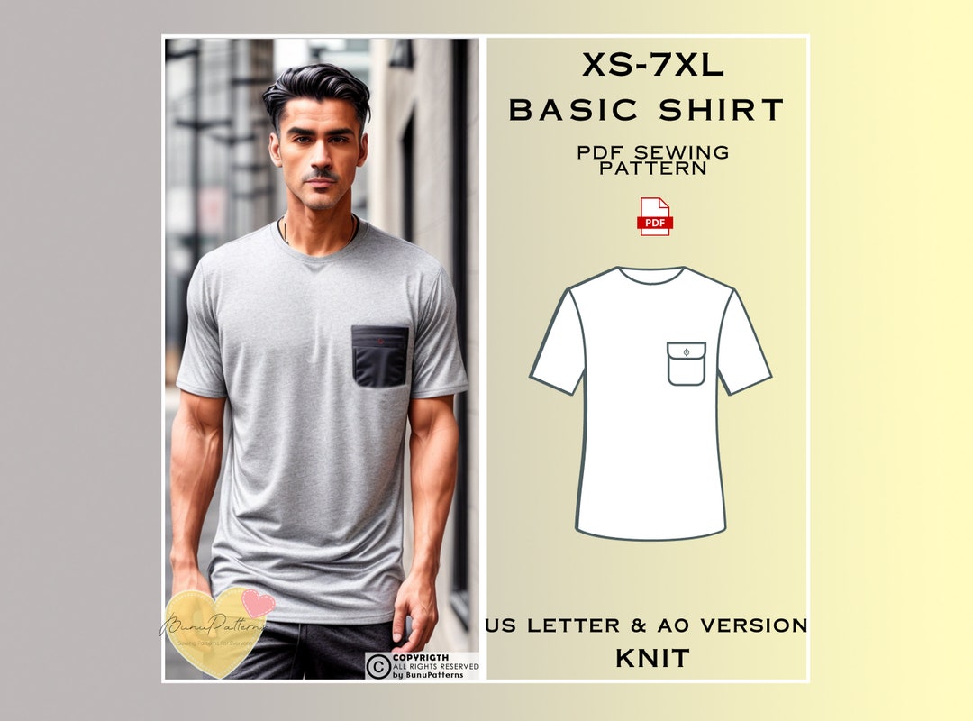 Mens Tshirt Sewing Pattern, Man Basic Tee Shirt Sewing Pattern, PDF
