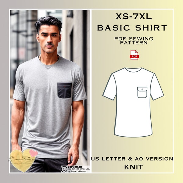 Mens T-Shirt Sewing Pattern, Man Basic Tee Shirt Sewing Pattern, PDF Pattern Instant Download, Xs-7xl, Plus Size Patterns, Men's Linen