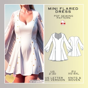 Mini Flared Dress Sewing Pattern, Bishop Sleeves PDF Pattern Instant  Download, US Sizes 2-30, Plus Size Pattern, Vintage Dresses, Graduation 
