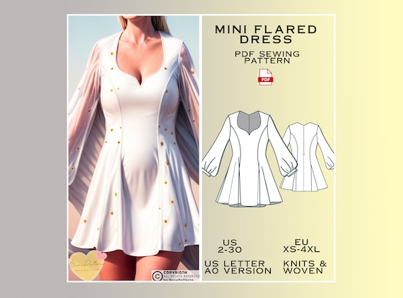 Mini Flared Dress Sewing Pattern, Bishop Sleeves PDF Pattern Instant  Download, US Sizes 2-30, Plus Size Pattern, Vintage Dresses, Graduation 