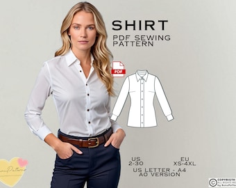 Classic White Shirt Sewing Pattern: US 2-30, EU Xs-4xl (PDF Pattern)