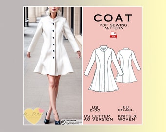 Flared Coat Sewing Pattern, Overcoat PDF Sewing Pattern Instant Download, US Sizes 2-30, Plus Size Pattern, Winter Women Sewing Patterns