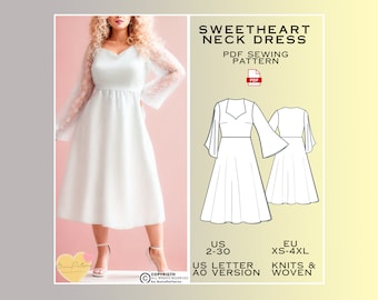 Sweetheart Neck Dress Sewing Pattern, PDF Sewing Pattern, Women Dress Patterns, Easy Digital Pdf, US Sizes 2-30, Plus Size Pattern, Midi