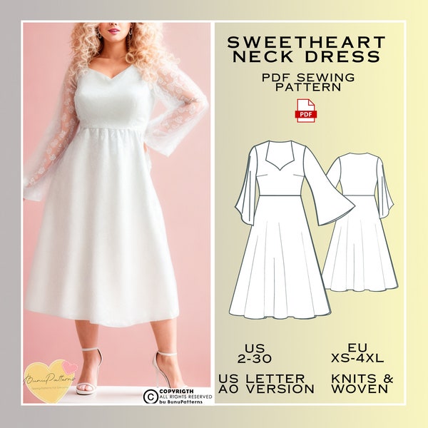 Sweetheart Neck Dress Sewing Pattern, PDF Sewing Pattern, Women Dress Patterns, Easy Digital Pdf, US Sizes 2-30, Plus Size Pattern, Midi